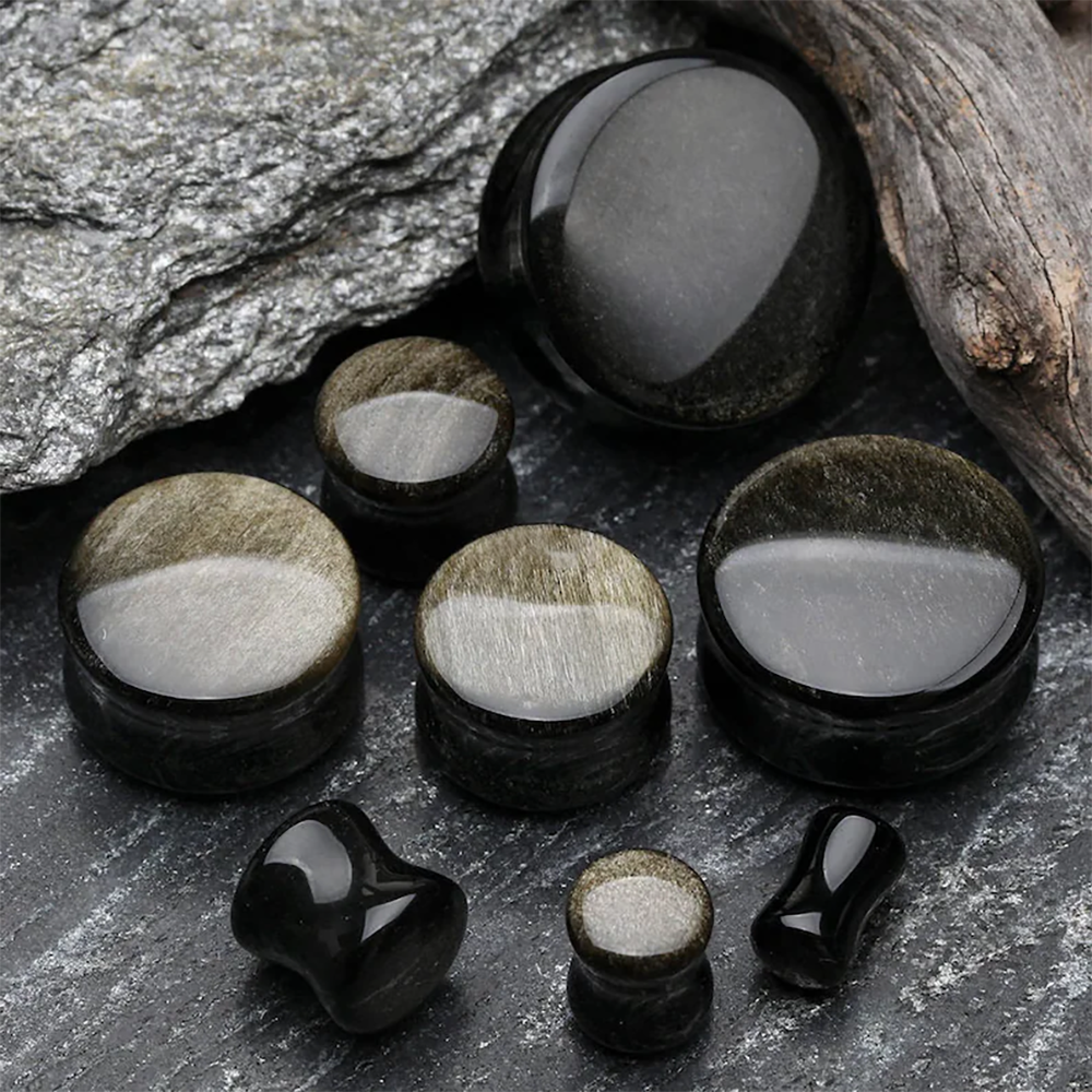 Body Jewelry Gauge Sizes - Black Natural Stone Double Flare Plugs