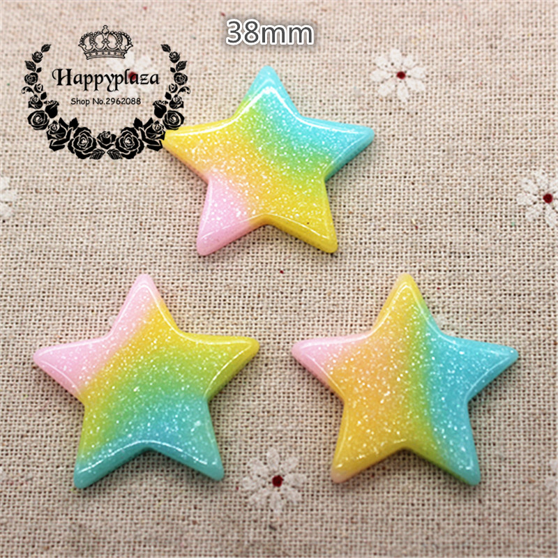 Star Flat Back - 10pcs Kawaii Resin Pink+Yellow+Blue Glitter Five